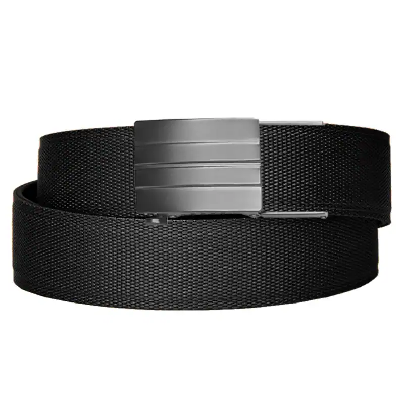 Comfortable black belt with sleek buckle, perfect for casual or formal wear.