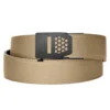Adjustable beige belt with textured strap and black buckle for casual wear and accessories.