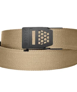 Adjustable beige belt with textured strap and black buckle for casual wear and accessories.
