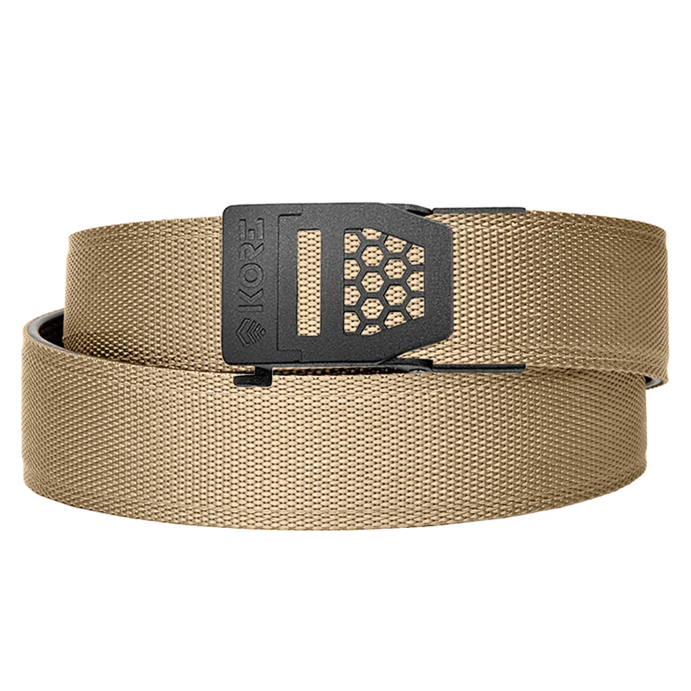 Adjustable beige belt with textured strap and black buckle for casual wear and accessories.