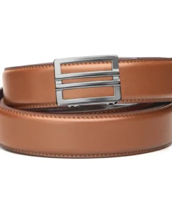 Luxurious tan leather Cloudster Pillow holder with silver buckle.