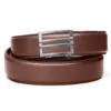 Soft brown leather Cloudster Pillow holds with sleek silver buckle.