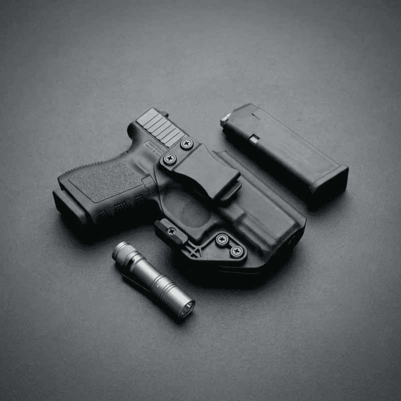 Compact firearm with holster, magazine, and flashlight for everyday carry.
