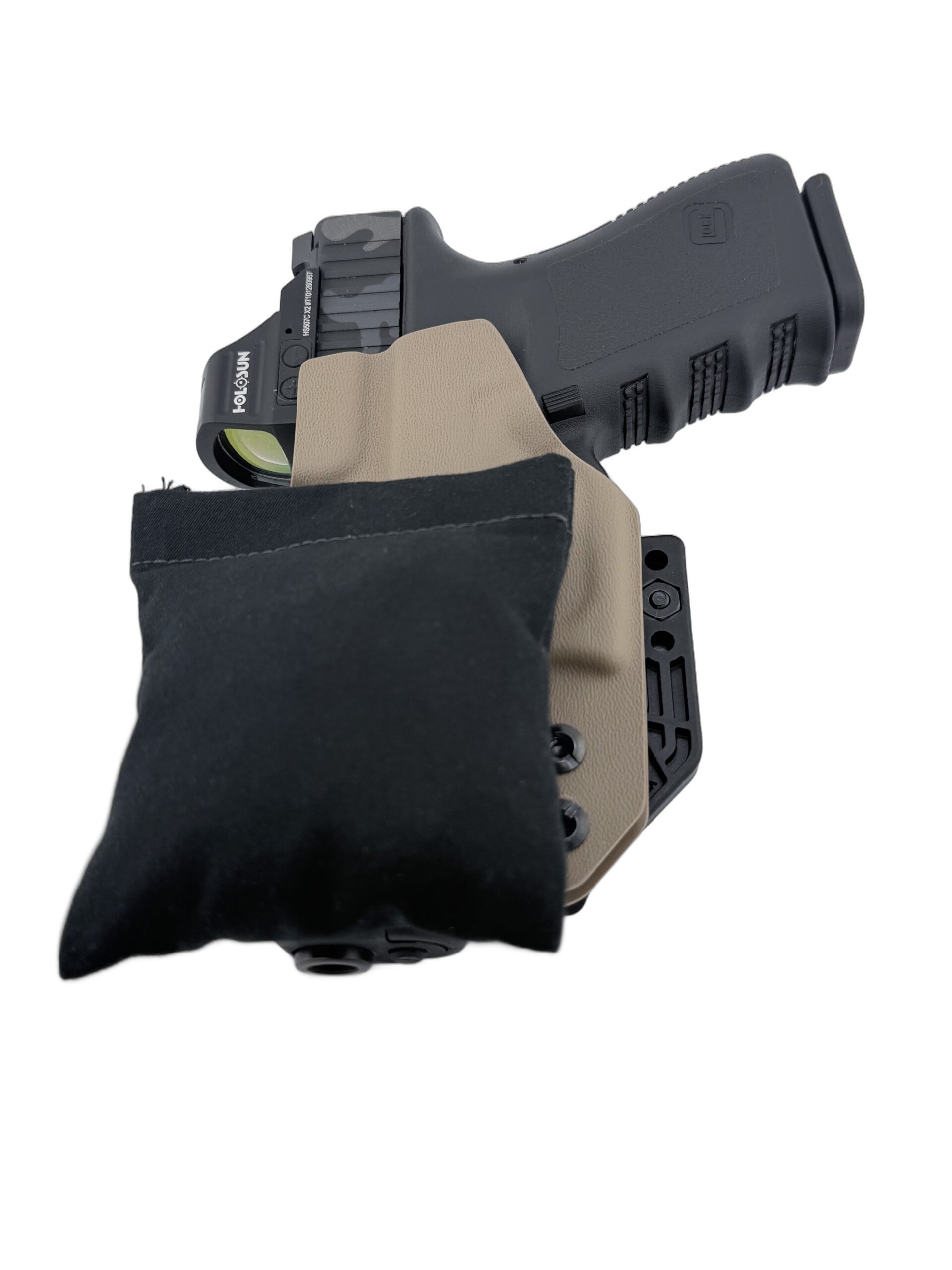 Cloudster Pillow Dark Standard holster wedge with an FDE Kydex holster and Glock