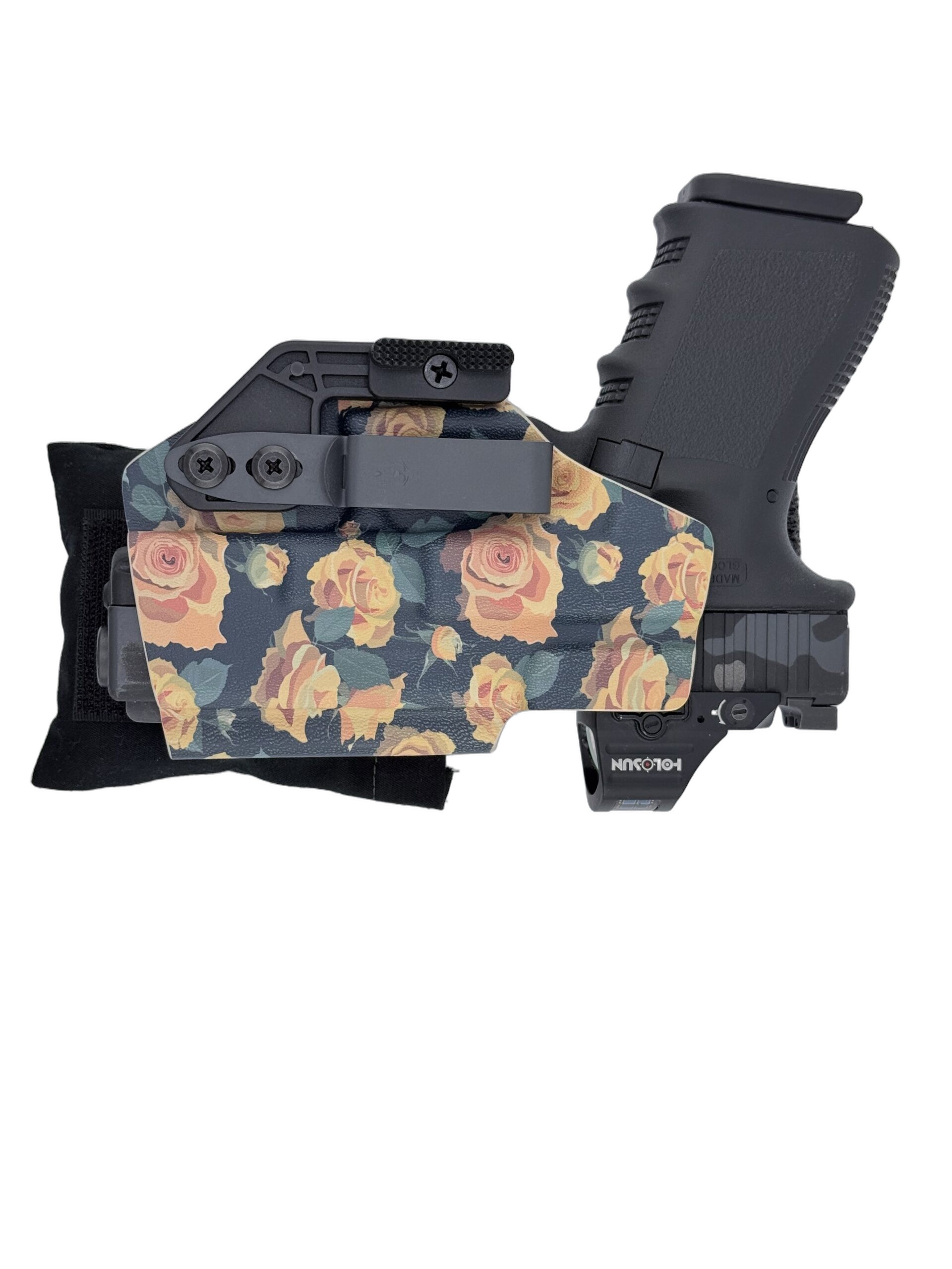Cloudster Pillow Dark Standard holster wedge on a floral AIWB Glock holster with optic