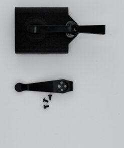Pocket mag carrier with clip installed plus a spare standard belt clip and screws