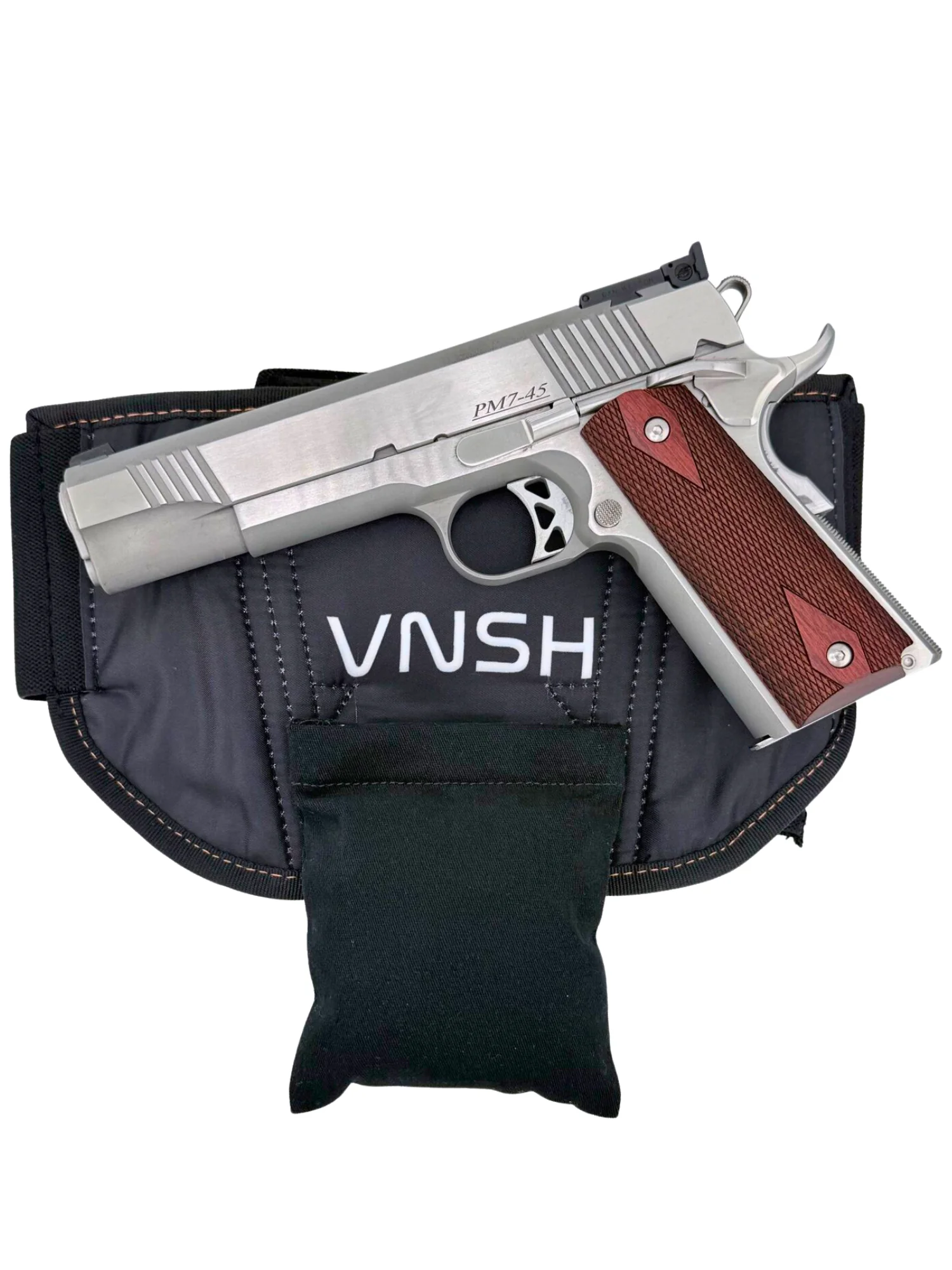 Dark Cloudster Pillow in Deluxe size attached behind a bellyband holster with a full-size 1911 seated