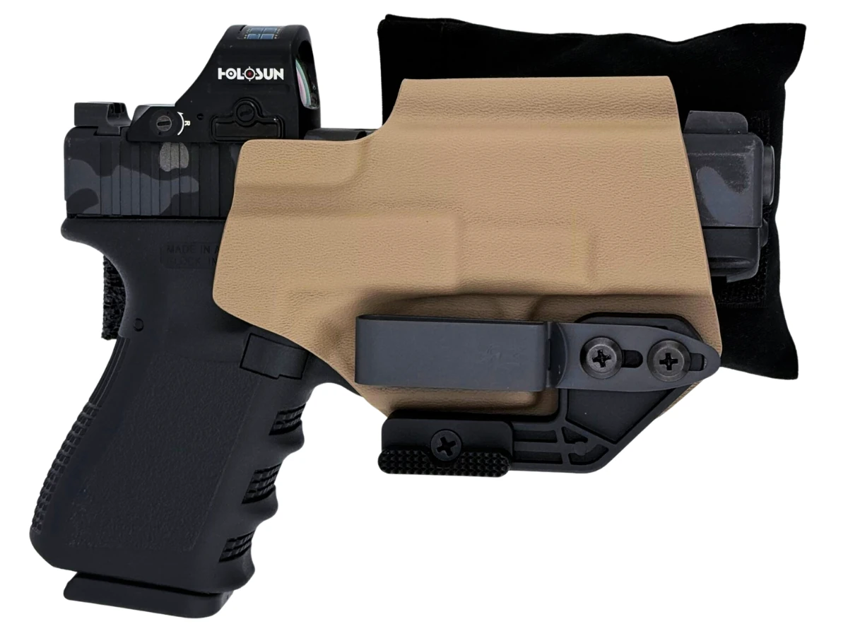 Deluxe Cloudster Pillow mounted behind a rigid Kydex holster with a Glock 19