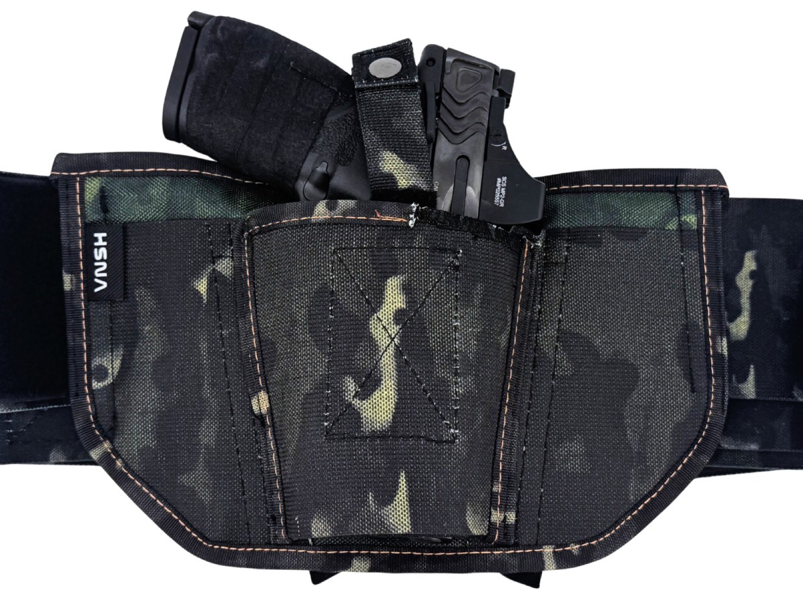 Camo bellyband rig with the Cloudster Pillow tucked behind the holster