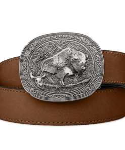 Kore brown buffalo leather western gun belt with antique silver bison buckle