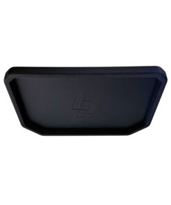 Reinforced carbon fiber EDC dump tray on a white background, low angle showing the shallow profile and embossed logo
