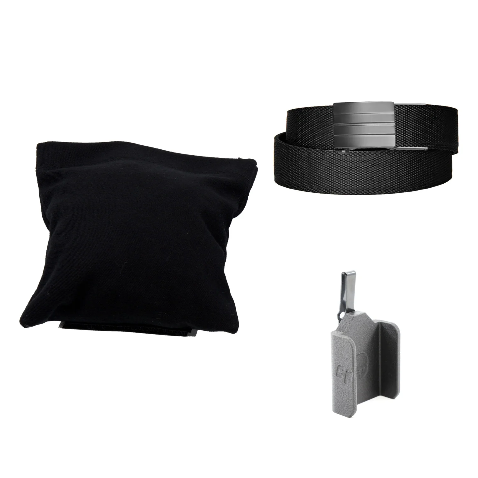 Cloudster Concealed Carry Kit: a Dark Cloudster Pillow (Standard), a Kore black tactical nylon gun belt and a 9mm pocket mag carrier