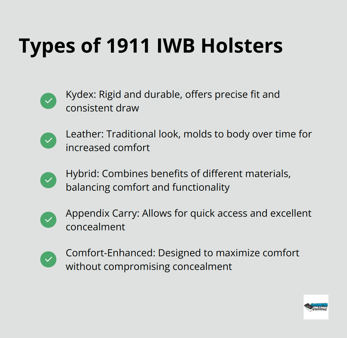 Checkmark list chart showing five types of 1911 IWB holsters: Kydex, Leather, Hybrid, Appendix Carry, and Comfort-Enhanced