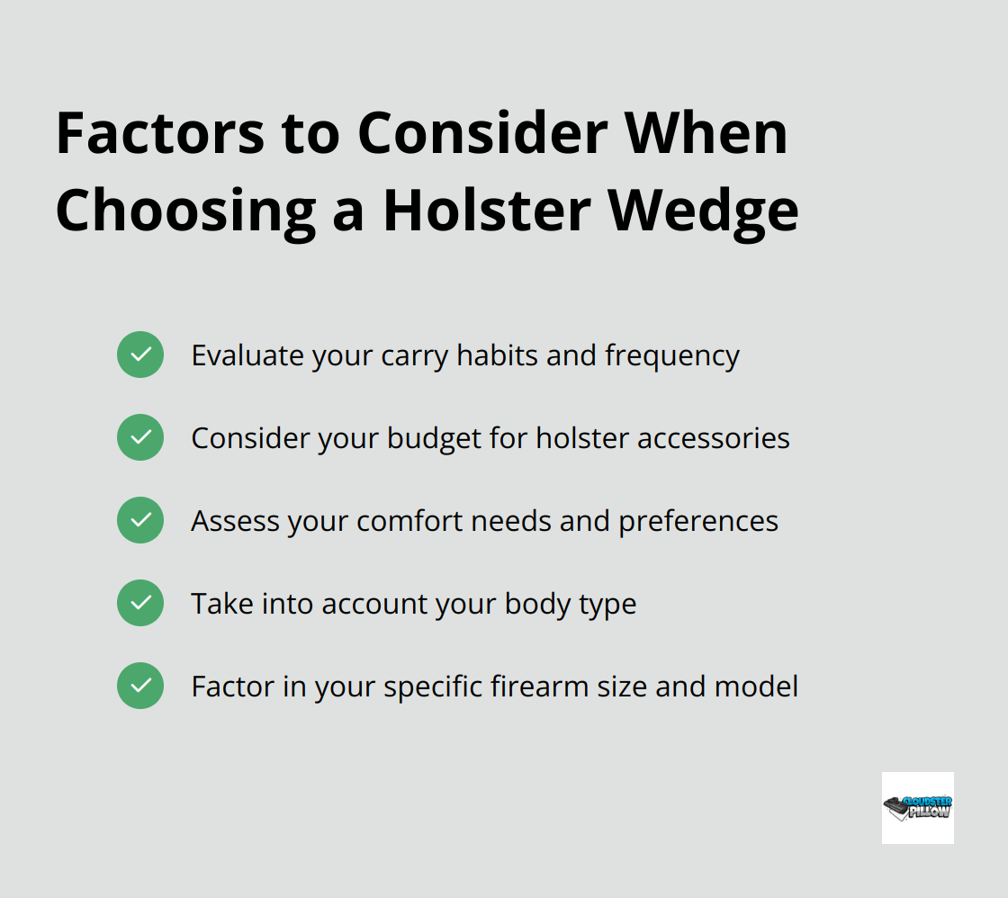 Checkmark list of factors to consider when choosing a holster wedge: carry habits, budget, comfort needs, body type, and firearm size. - AIWB