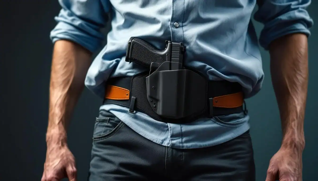 Person wearing a holster with a Cloudster Pillow for safe storage.
