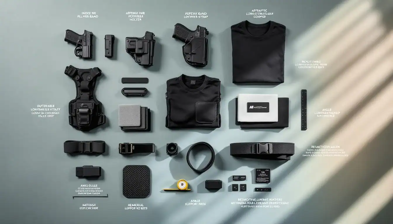 Camera gear and accessories laid out on a flat surface for photography setup.