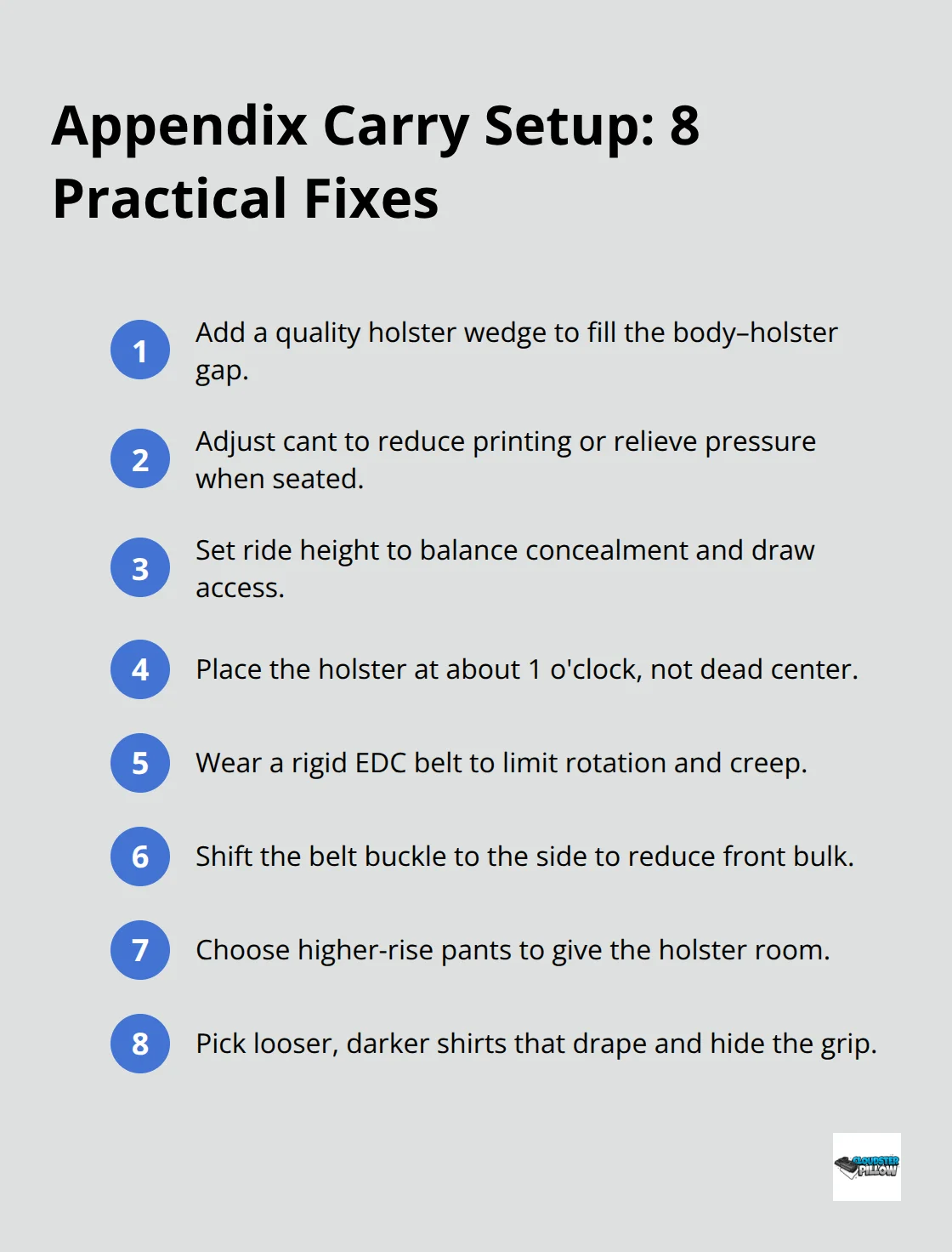 Compact list of gear and positioning adjustments to improve AIWB comfort and concealment - appendix carry comfort