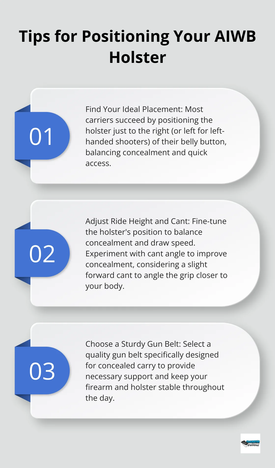 Ordered list chart presenting three key tips for positioning an AIWB holster: finding ideal placement, adjusting ride height and cant, and choosing a sturdy gun belt.