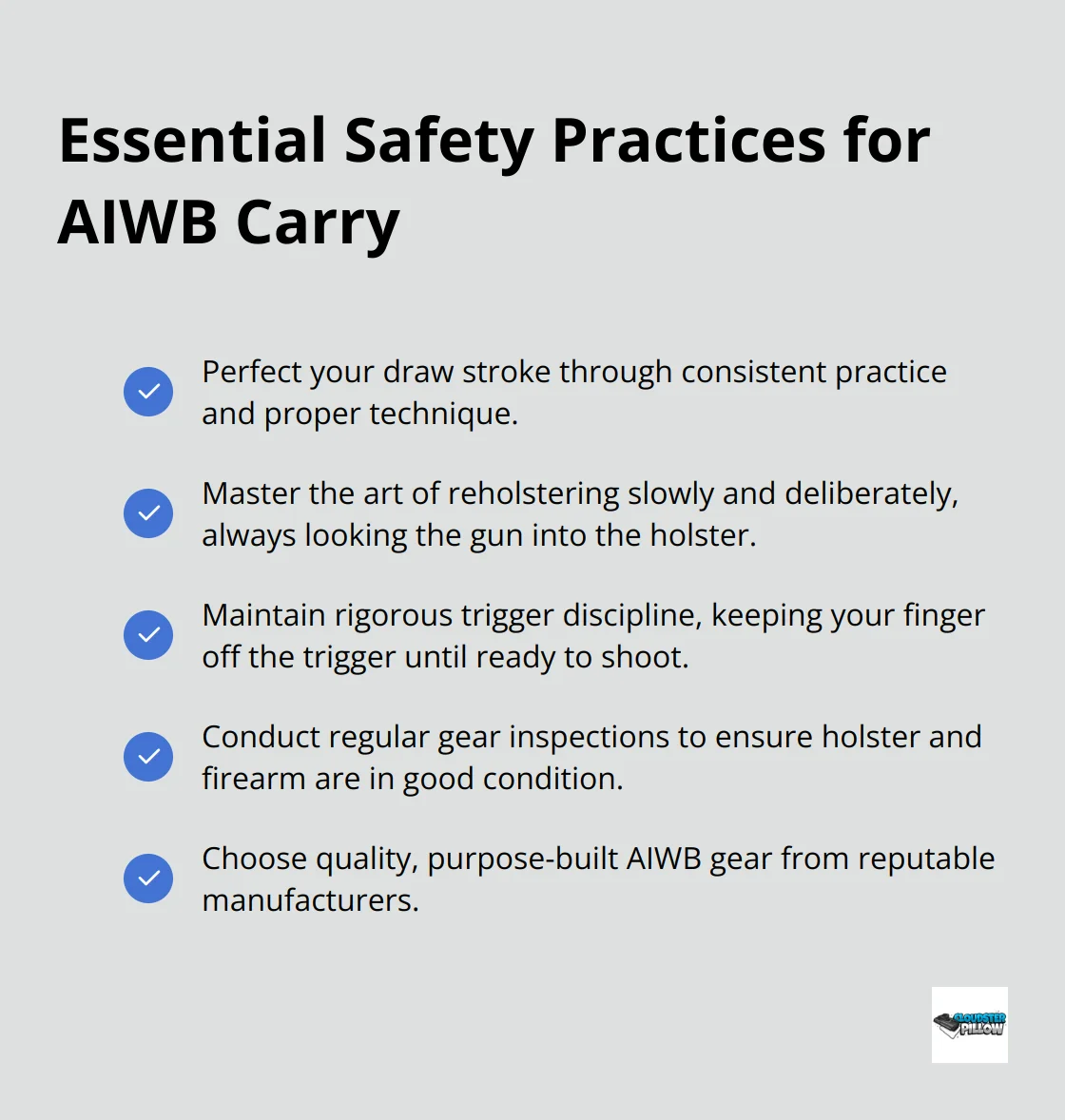 Checkmark list chart highlighting five crucial safety practices for appendix carry: perfecting draw stroke, mastering reholstering, maintaining trigger discipline, conducting gear inspections, and choosing quality gear.