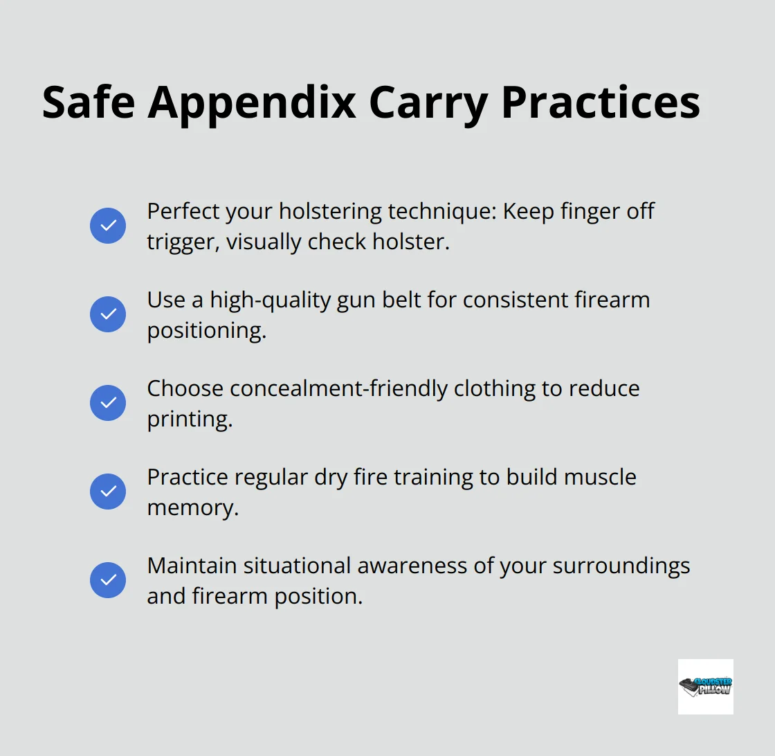 Checklist of essential safety practices for appendix carry, including proper holstering technique, high-quality gun belt, concealment-friendly clothing, regular dry fire training, and maintaining situational awareness.