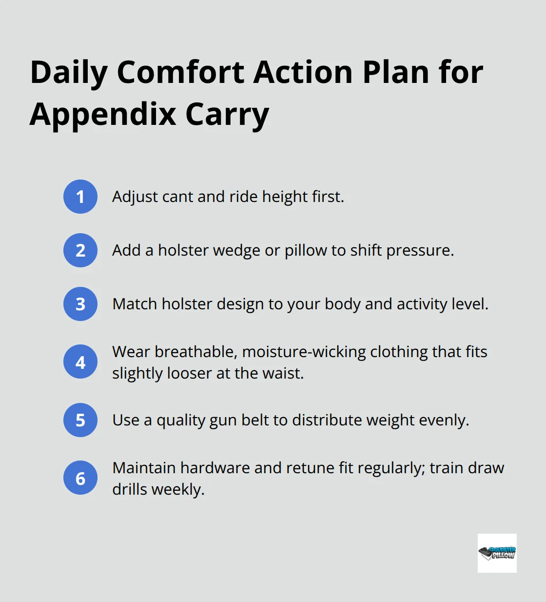 Compact checklist of practical steps to improve appendix carry comfort