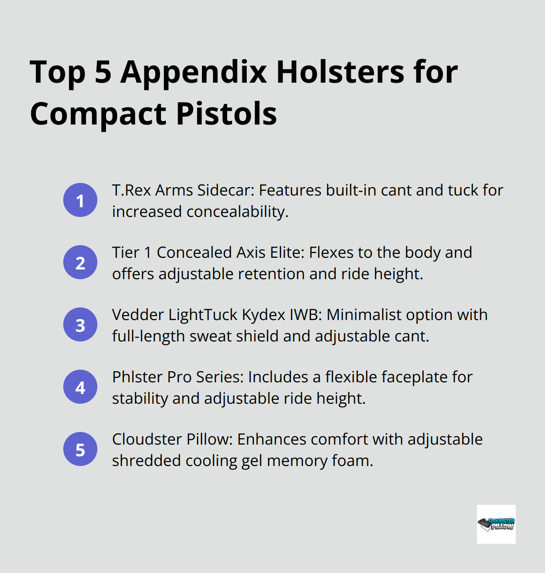An ordered list of the top 5 appendix holsters for compact pistols: T.Rex Arms Sidecar, Tier 1 Concealed Axis Elite, Vedder LightTuck Kydex IWB, Phlster Pro Series, and Cloudster Pillow.