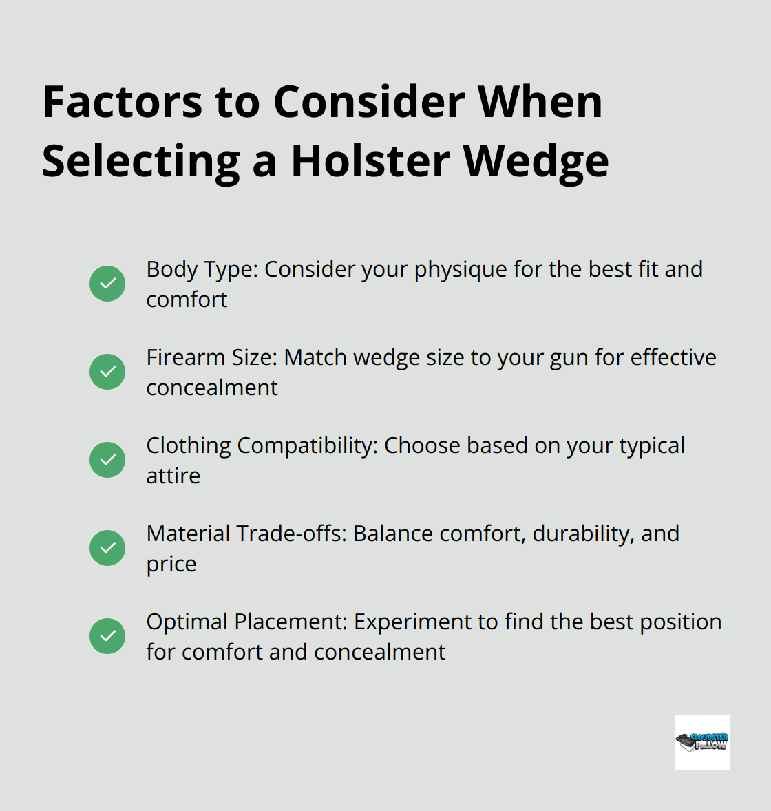 Checkmark list showing five key factors to consider when selecting a holster wedge: Body Type, Firearm Size, Clothing Compatibility, Material Trade-offs, and Optimal Placement - appendix holster wedge