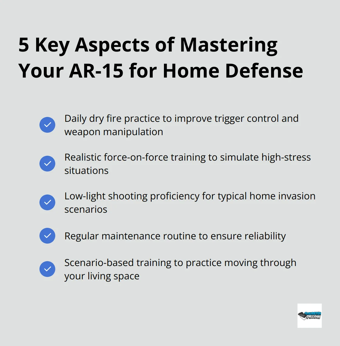 Checkmark list chart showing five essential aspects of mastering an AR-15 for home defense: daily dry fire practice, realistic force-on-force training, low-light shooting proficiency, regular maintenance routine, and scenario-based training - best ar 15