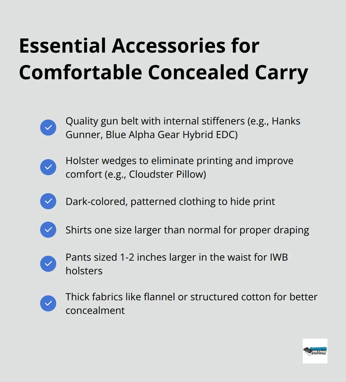 Checklist of key accessories and considerations for comfortable concealed carry, especially for larger individuals - best holster for fat guys