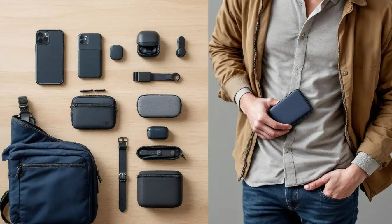 Wireless earbuds with charging case and tech accessories for travel.