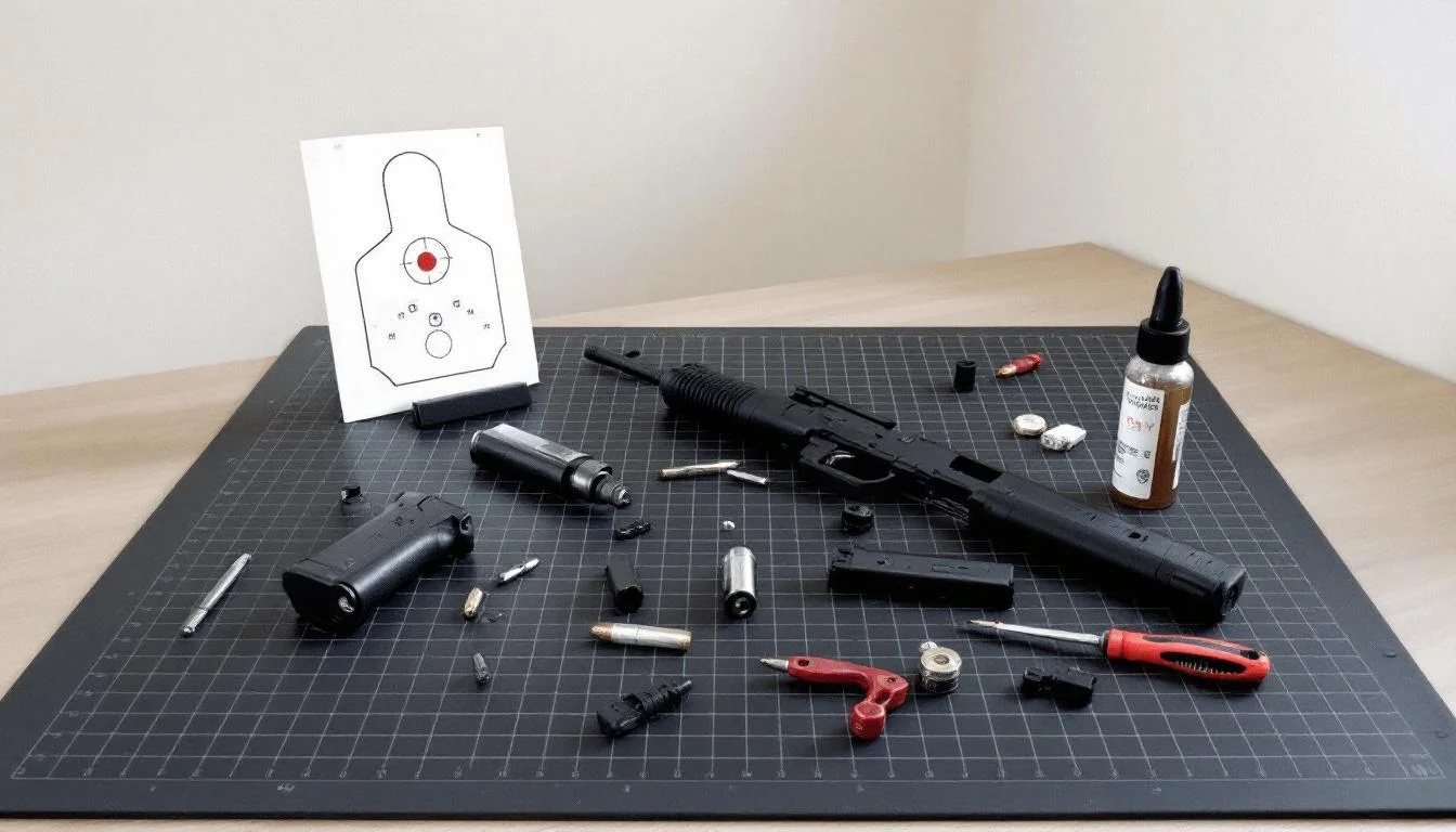 Disassembled gun parts and cleaning tools on a work mat.