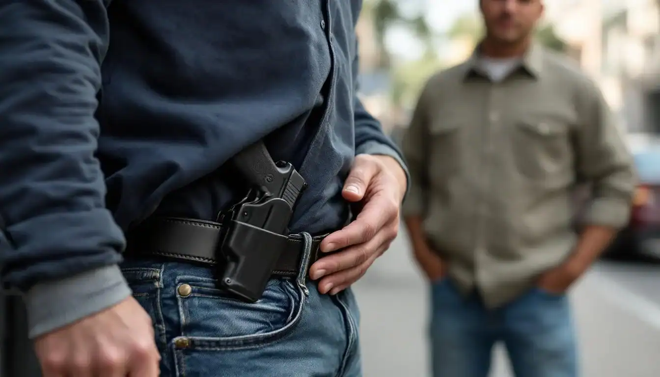 Gun holster on man's waist with a firearm inside.