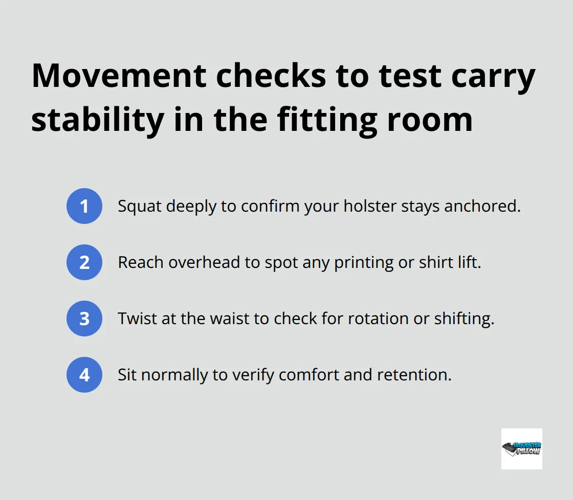 Checklist of four movement tests for concealed carry pants and holster stability