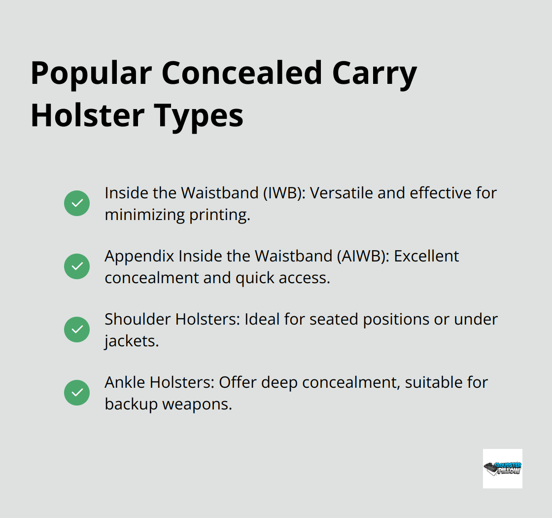 A checkmark list showing four popular types of concealed carry holsters: Inside the Waistband (IWB), Appendix Inside the Waistband (AIWB), Shoulder Holsters, and Ankle Holsters. - concealed carry holster, holster setup, less printing, CCW