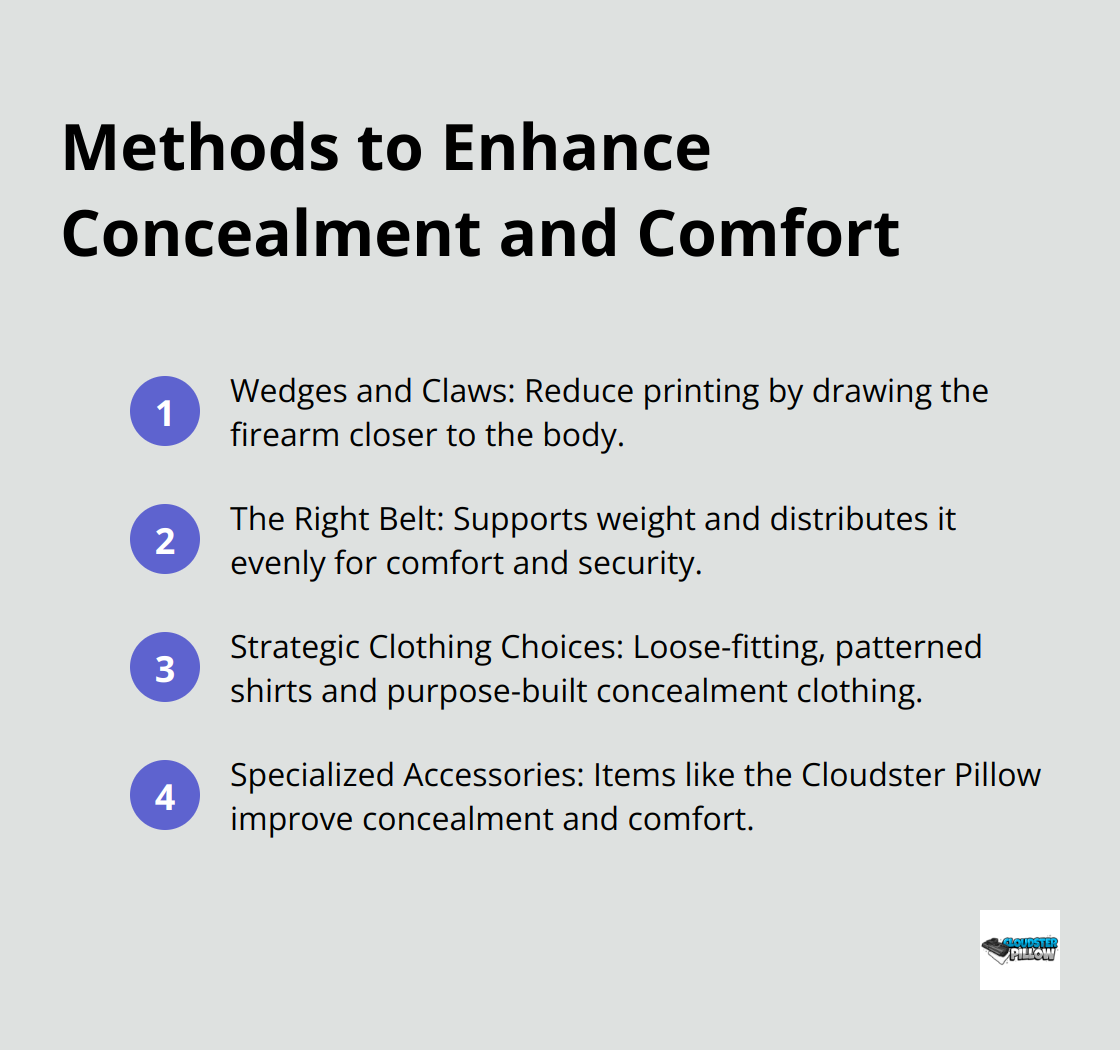 An ordered list of four methods to enhance concealment and comfort for concealed carry: Wedges and Claws, The Right Belt, Strategic Clothing Choices, and Specialized Accessories.