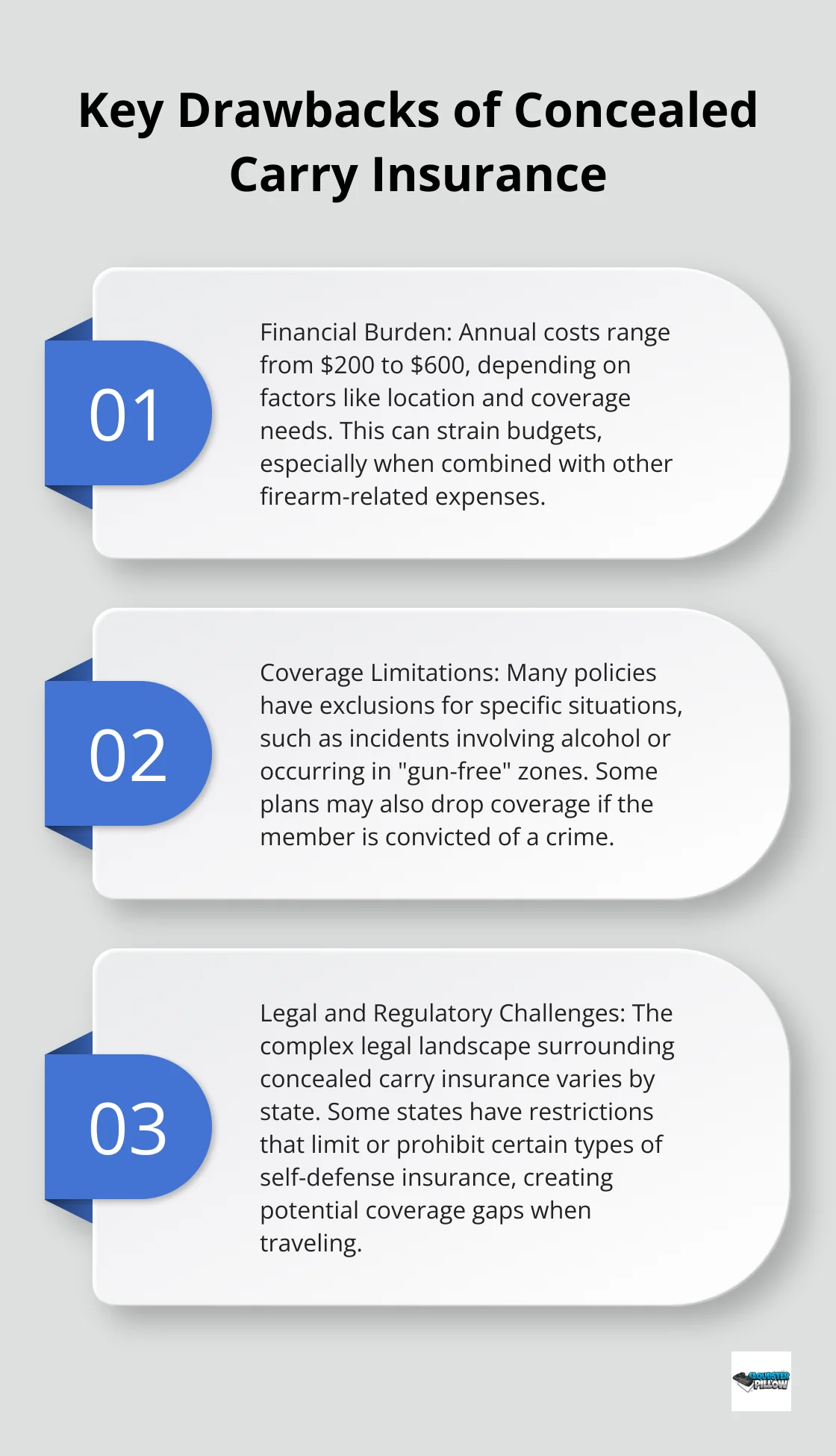 Chart listing three main drawbacks of concealed carry insurance: financial burden, coverage limitations, and legal challenges