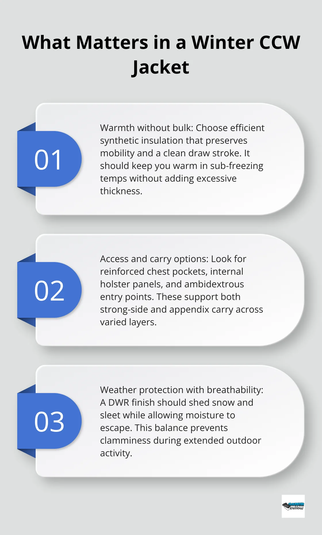Three-point summary of winter concealed carry jacket priorities for U.S. carriers.