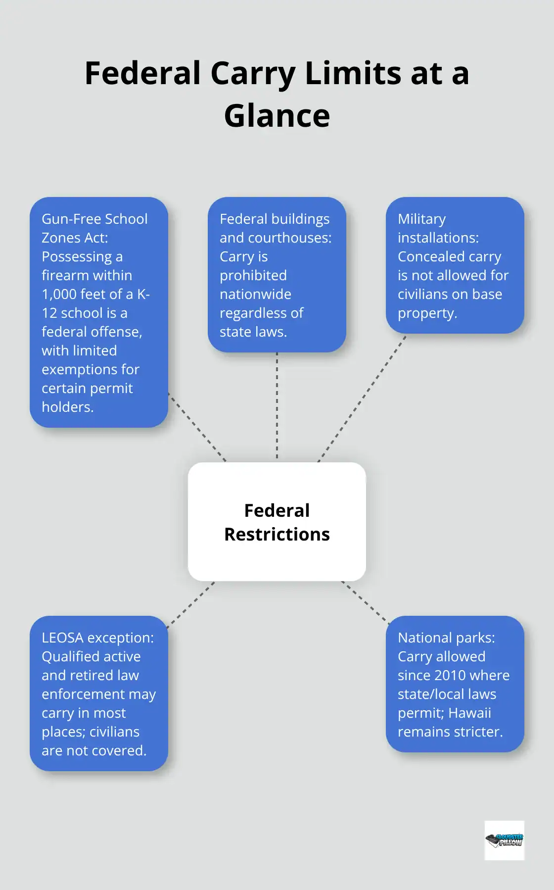 Diagram showing key federal concealed carry restrictions and limited exceptions in the U.S. - Concealed carry laws overview