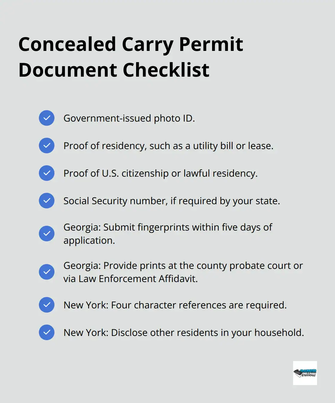 Checklist of documents and state-specific add-ons needed for a U.S. concealed carry permit.