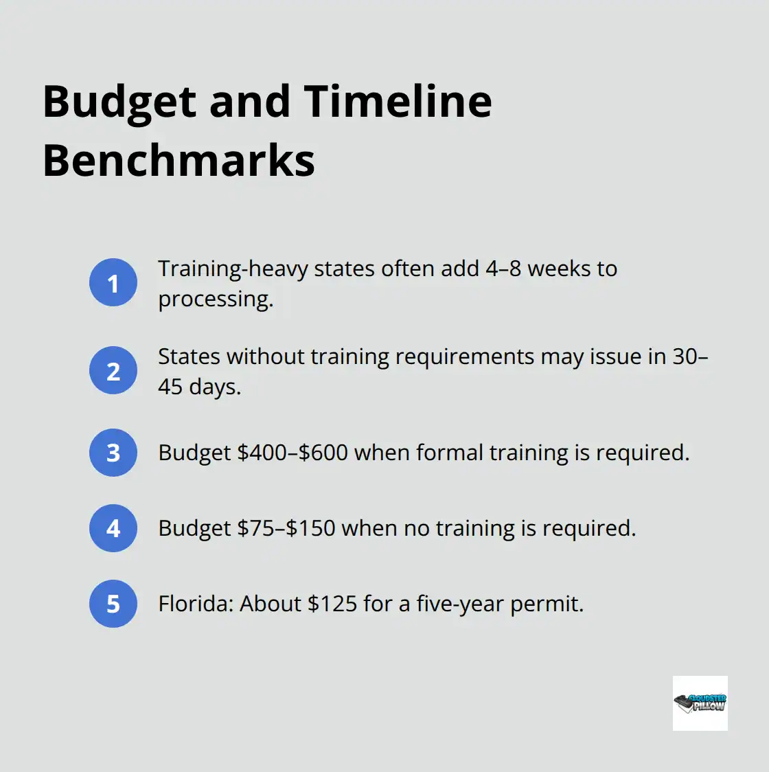 Compact list summarizing typical timelines and costs for U.S. concealed carry permits. - Concealed carry laws overview