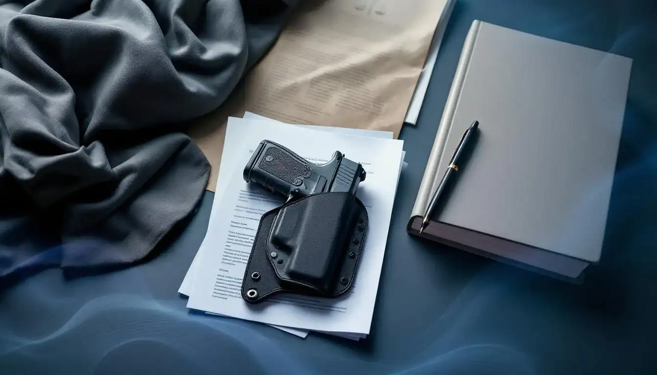 Securely stored gun and documents on a desk with a Cloudster Pillow holster nearby.