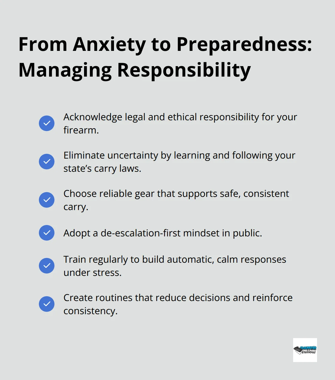 Checklist of steps to manage concealed carry responsibility and reduce anxiety.