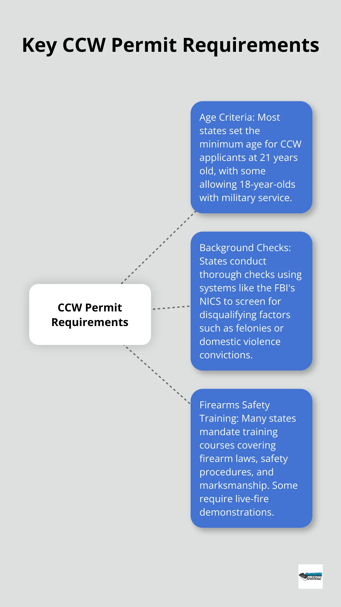 Hub and spoke chart showing main CCW permit requirements: age criteria, background checks, and firearms safety training - concealed carry permit