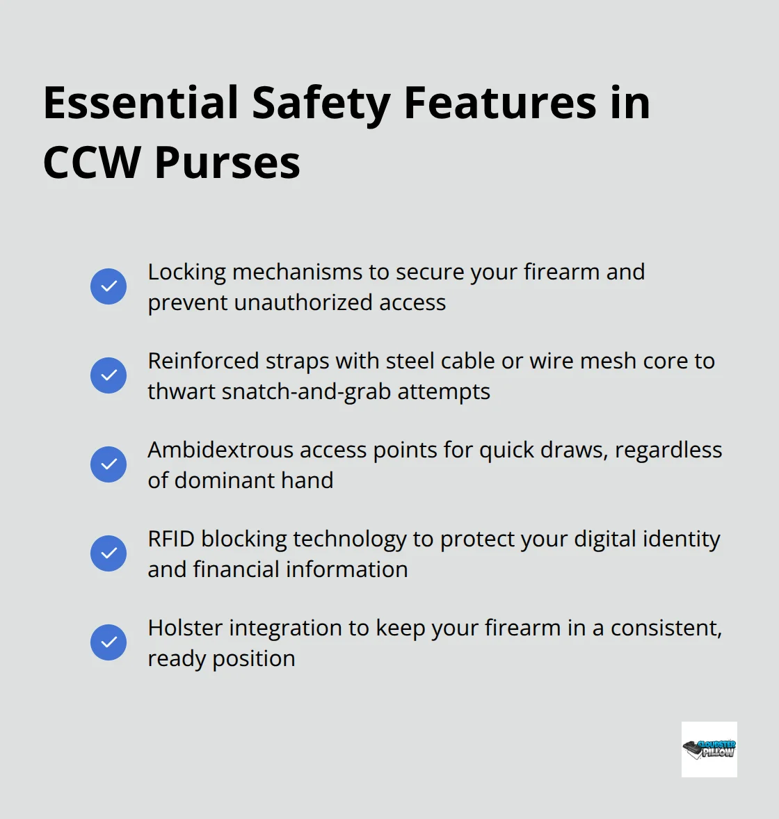 A checkmark list showing five essential safety features for concealed carry purses: locking mechanisms, reinforced straps, ambidextrous access, RFID blocking, and holster integration.