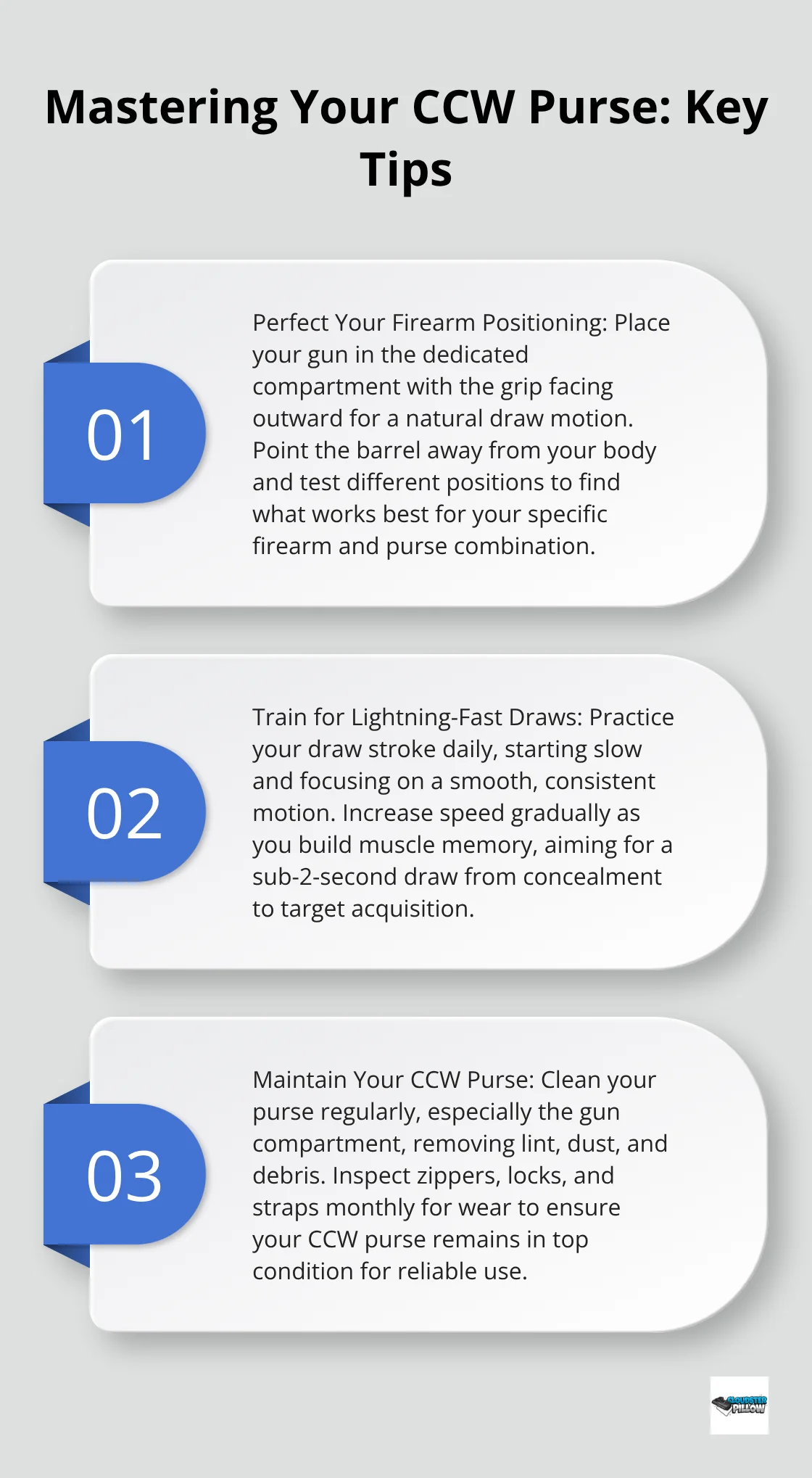 An ordered list chart showing three key tips for mastering your concealed carry purse: perfect firearm positioning, train for lightning-fast draws, and maintain your CCW purse.