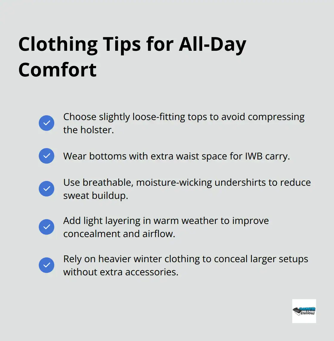 Checklist of clothing choices that reduce printing, heat, and friction for concealed carry comfort.