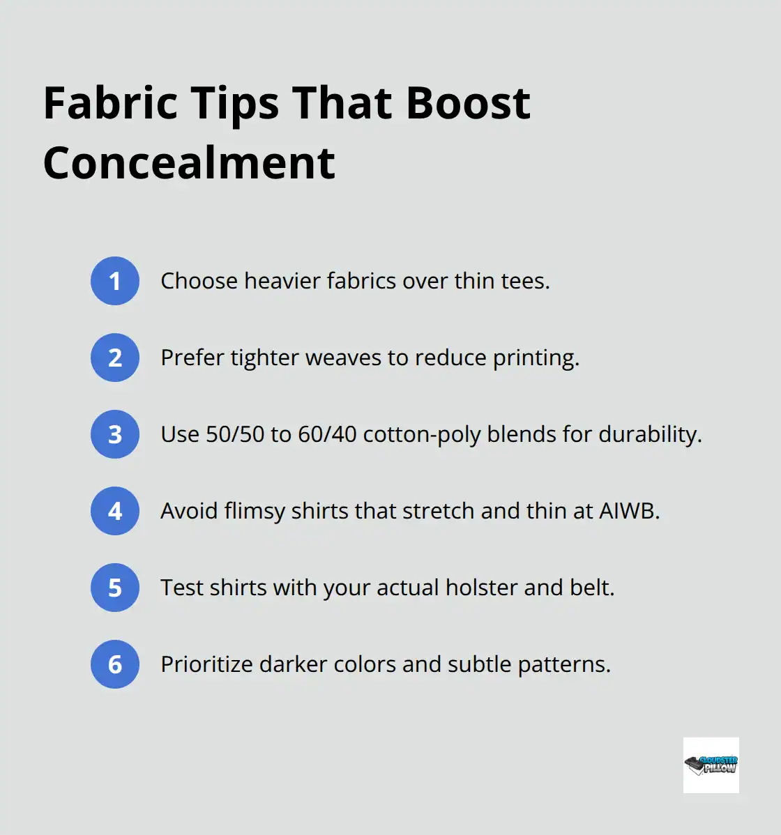 Compact list of fabric choices that reduce printing and improve durability for concealed carry clothing. - Concealment clothing considerations