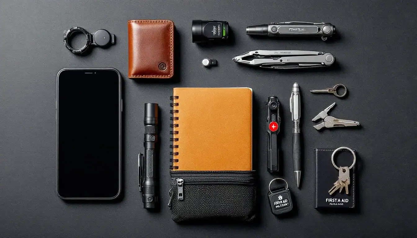 Compact travel essentials including a wallet, keys, phone, and multi-tool on a flat surface.