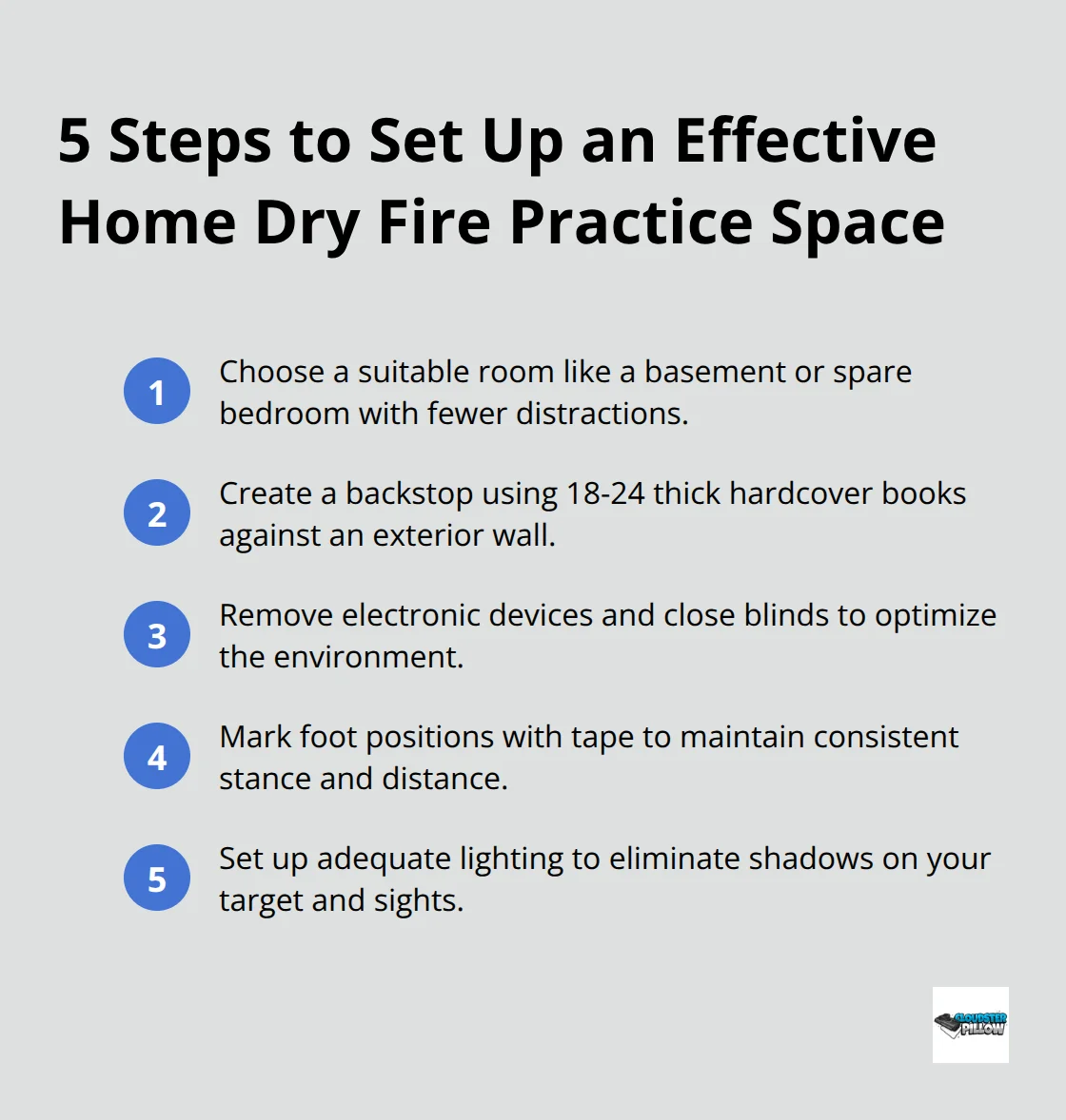 Infographic listing 5 steps to set up a home dry fire practice space: choose a suitable room, create a backstop, optimize the environment, control practice variables, and ensure proper lighting.