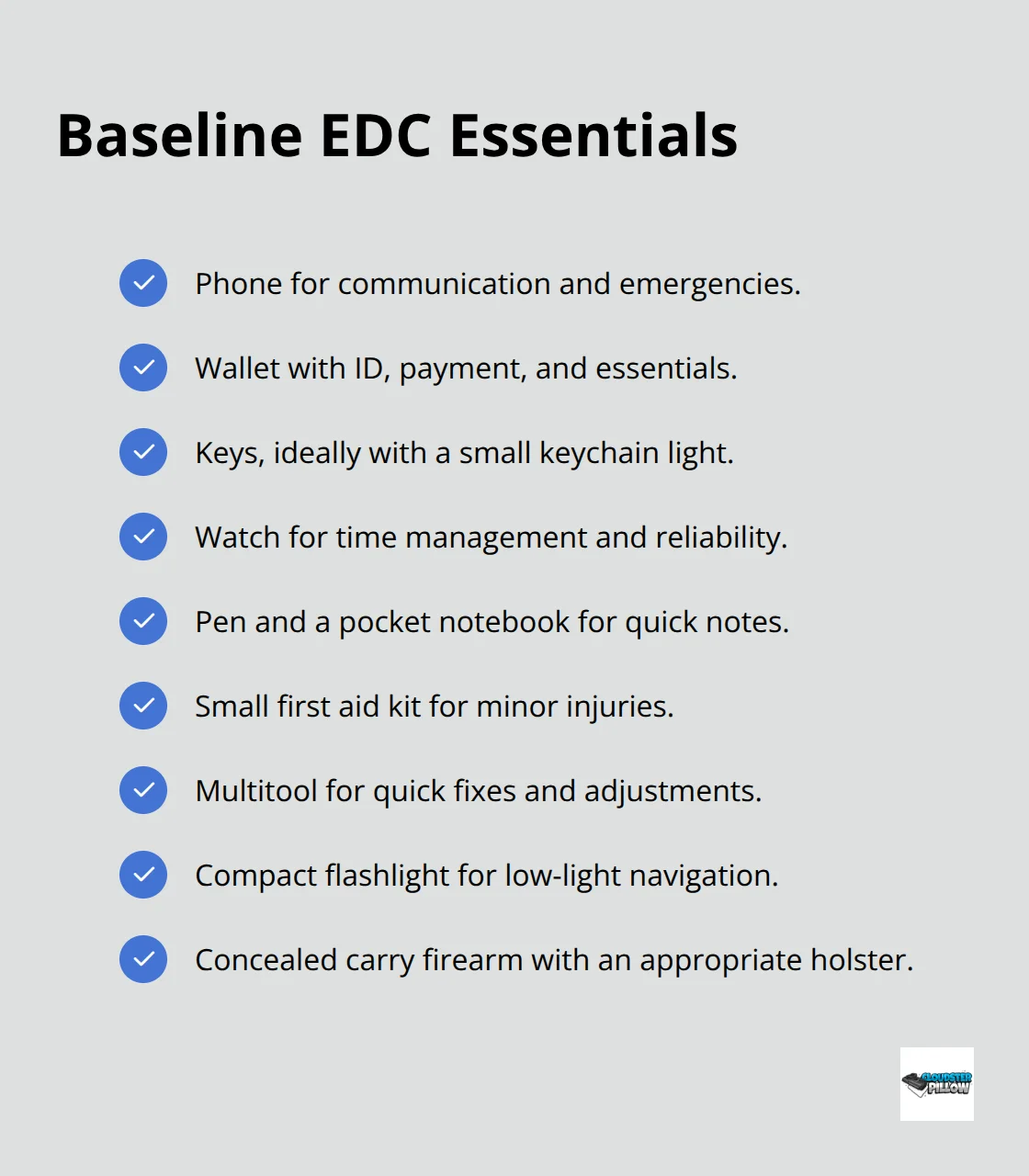 Checklist of common everyday carry essentials and role-based add-ons.